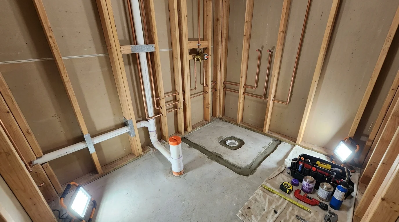 Bathroom rough-in plumbing during remodel by Johns Plumbing LLC in Berwyn