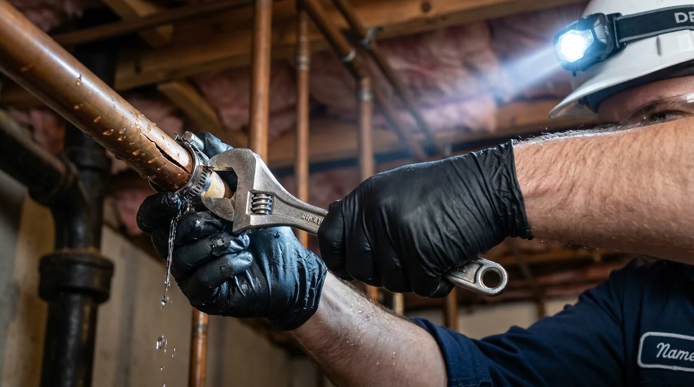 Emergency pipe clamp repair being performed by a Johns Plumbing LLC plumber in Berwyn
