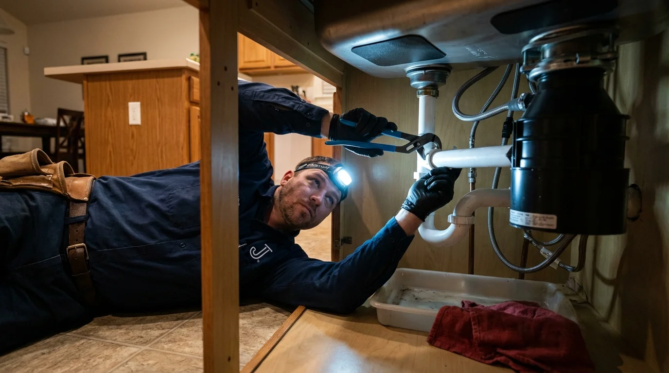 P-trap and supply line connections under a kitchen sink showing a common leak point in Berwyn, PA